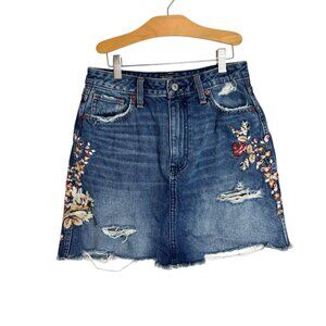 Abercrombie & Fitch Womens Distressed Denim Skirt Size 27 Floral Embroidery